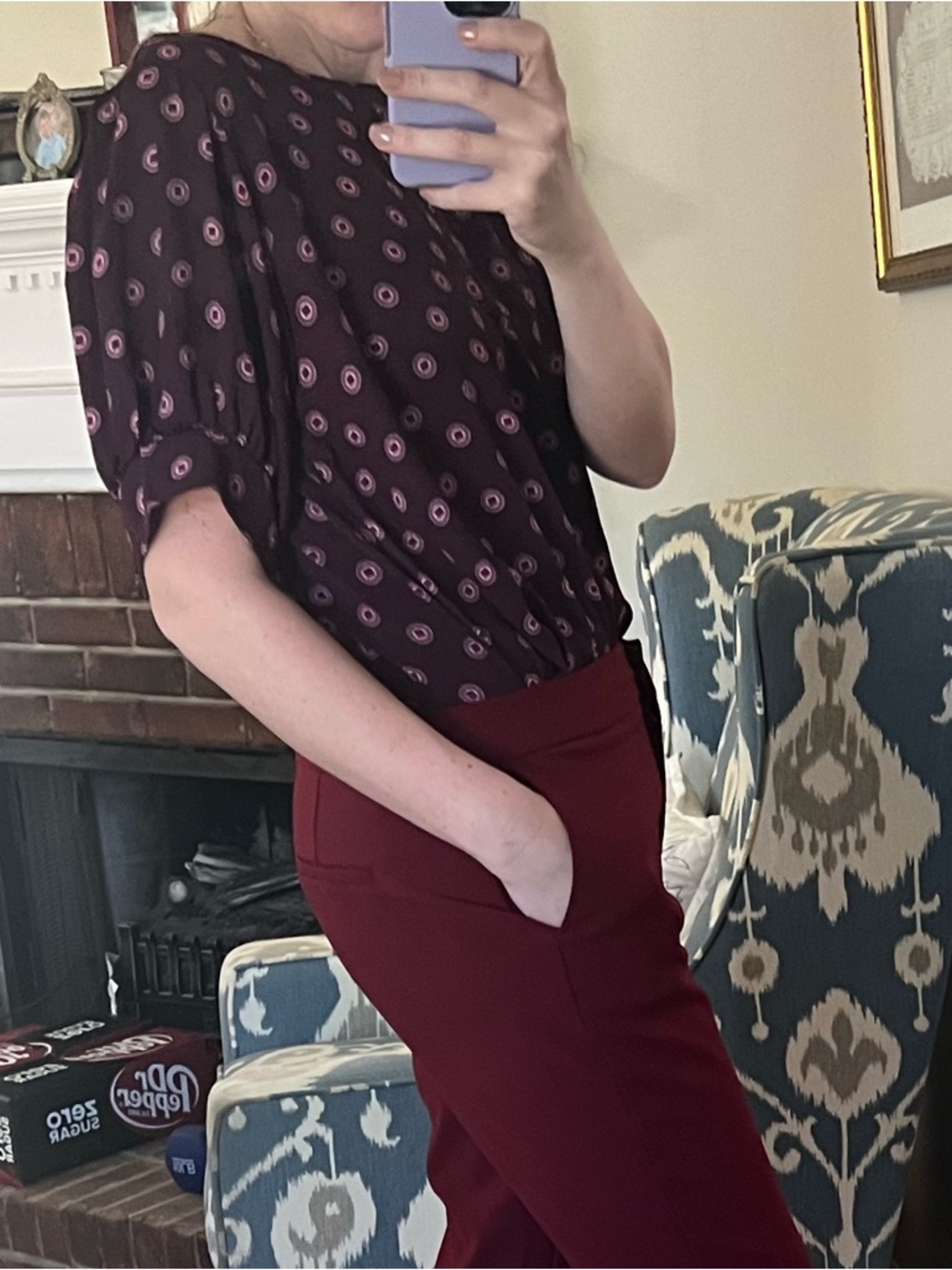 Ann Taylor Mixed Media Popover Plum Printed Short Sleeve Blouse - Picture 10 of 10